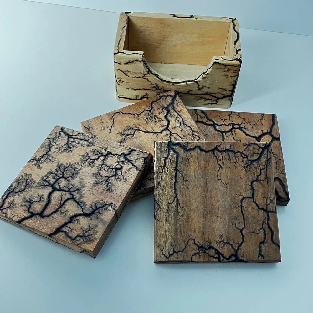 Handmade Coaster Set Lichtenberg Fractal Wood  Burning 4in Brown Lightning Art
